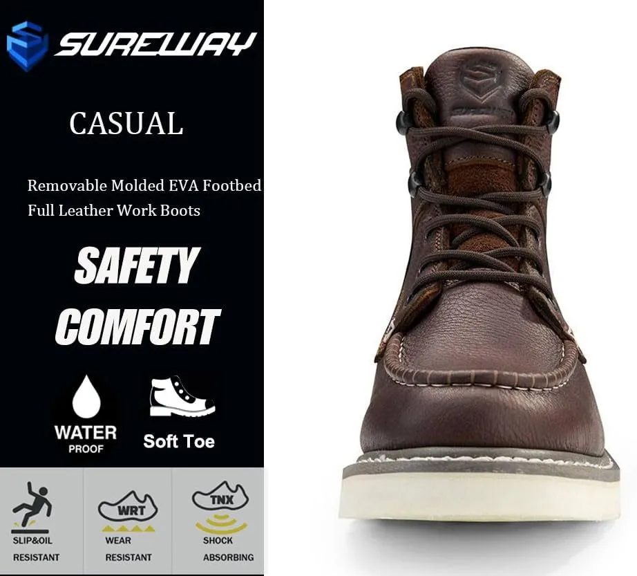 SUREWAY Men 6 Inch Waterproof Soft Toe Work Boots - Moc Toe,Construction Industrial Safety Leather Work Shoes,Oil/Slip Resistant Comfortable Wedge Outsole,EH Rated,Goodyear Welt,Lace Up,Heavy Duty
