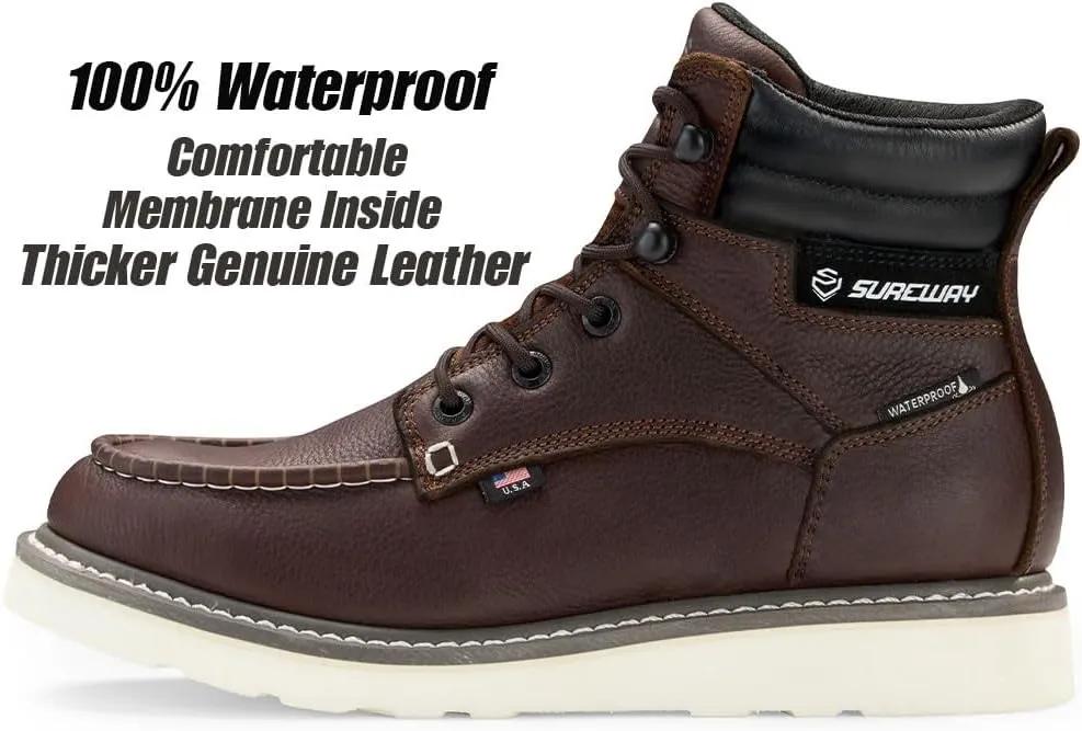 SUREWAY Men 6 Inch Waterproof Soft Toe Work Boots - Moc Toe,Construction Industrial Safety Leather Work Shoes,Oil/Slip Resistant Comfortable Wedge Outsole,EH Rated,Goodyear Welt,Lace Up,Heavy Duty