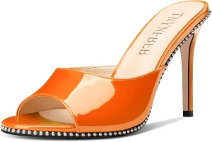 TNYNFBEB Womens Stiletto High Heel Peep Open Toe Sandals Mules Shoes Slingback Slip-on Silver Beaded Prom Party Dress Patent Leather 3.9 Inches Heels