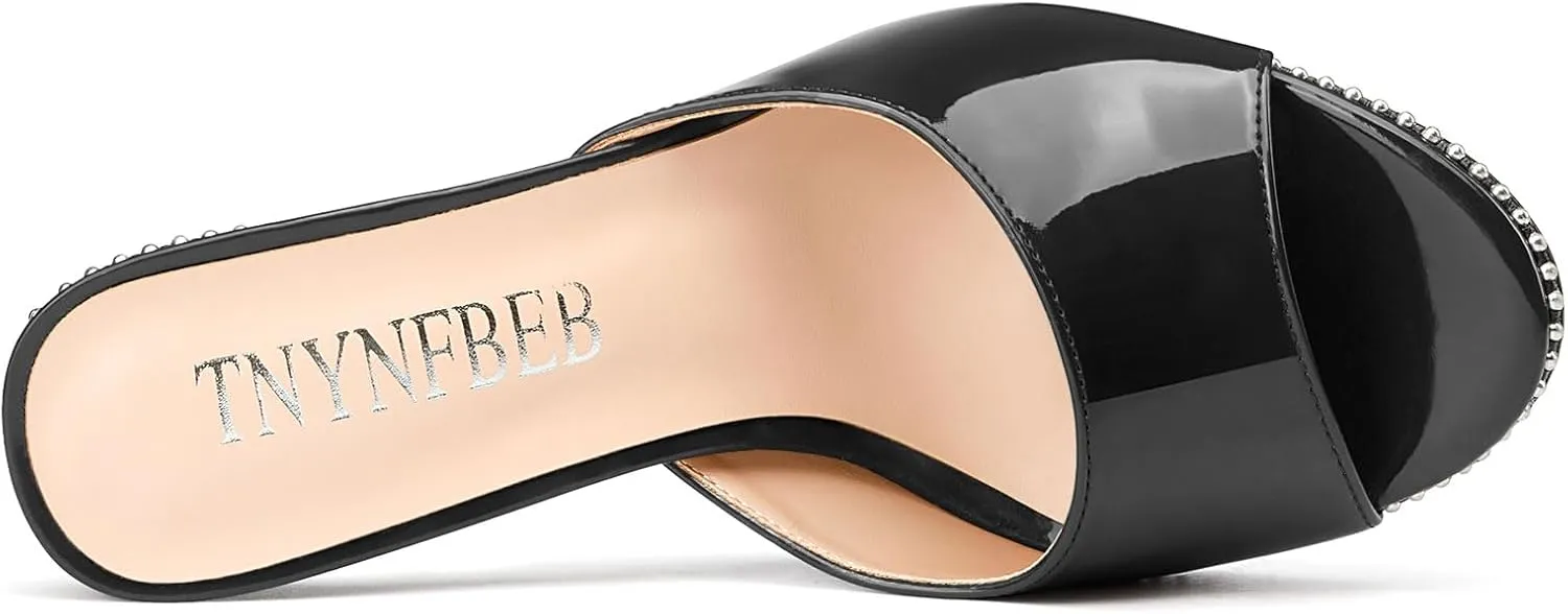 TNYNFBEB Womens Stiletto High Heel Peep Open Toe Sandals Mules Shoes Slingback Slip-on Silver Beaded Prom Party Dress Patent Leather 3.9 Inches Heels