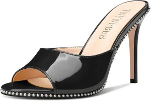 TNYNFBEB Womens Stiletto High Heel Peep Open Toe Sandals Mules Shoes Slingback Slip-on Silver Beaded Prom Party Dress Patent Leather 3.9 Inches Heels