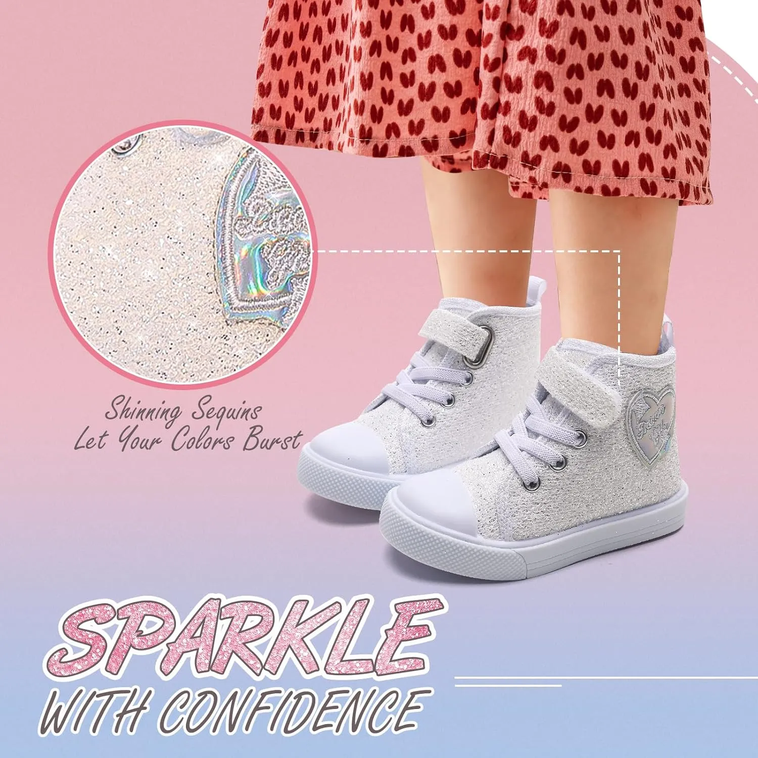 Toddler Girls Sneakers Kids High Top Casual Canvas Shoes with Sparkle Color Change Flipping Sequins