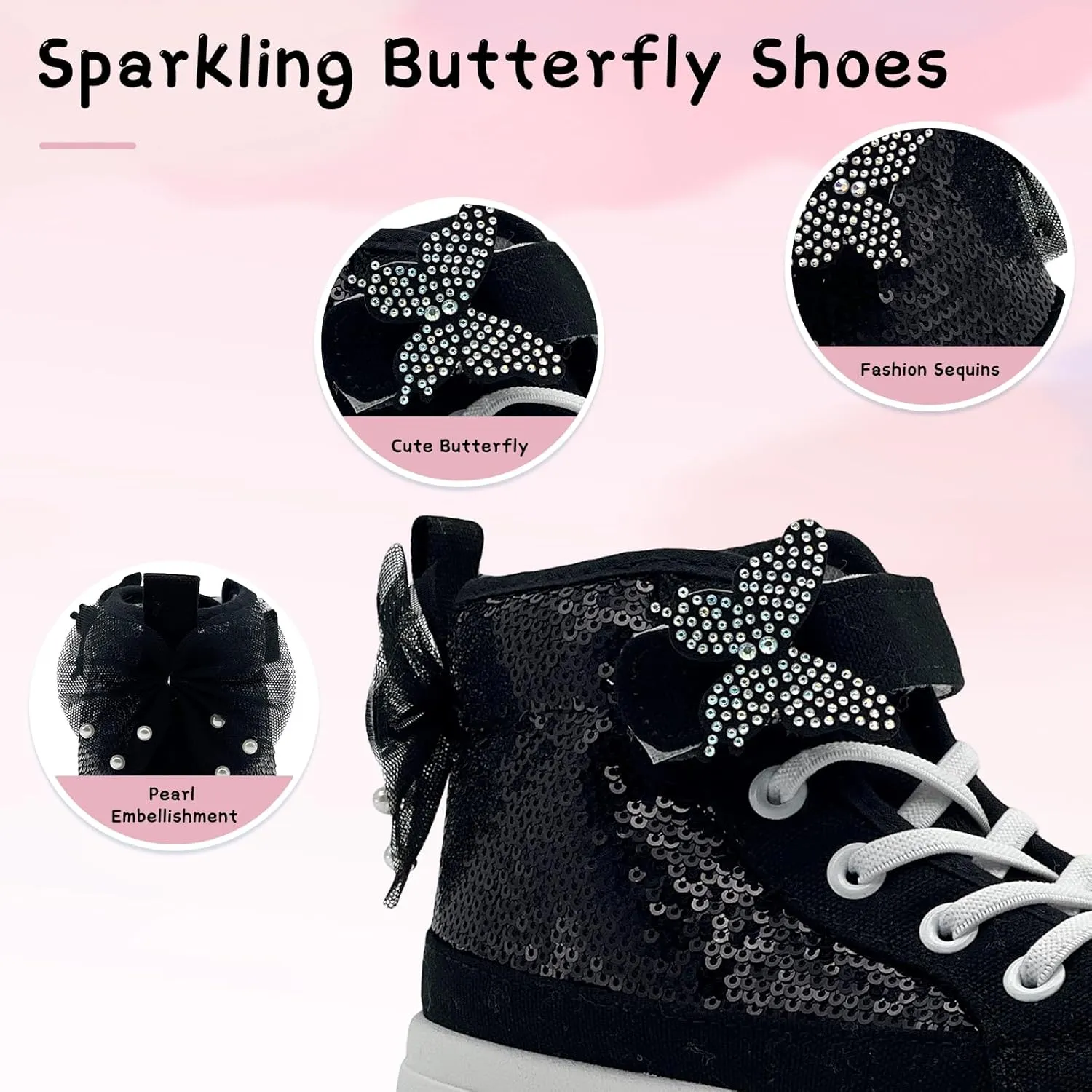 Toddler Sneakers for Girls Boys Fashion Canvas High Tops Butterfly Sequins Shoes Kids Casual Walking Shoes