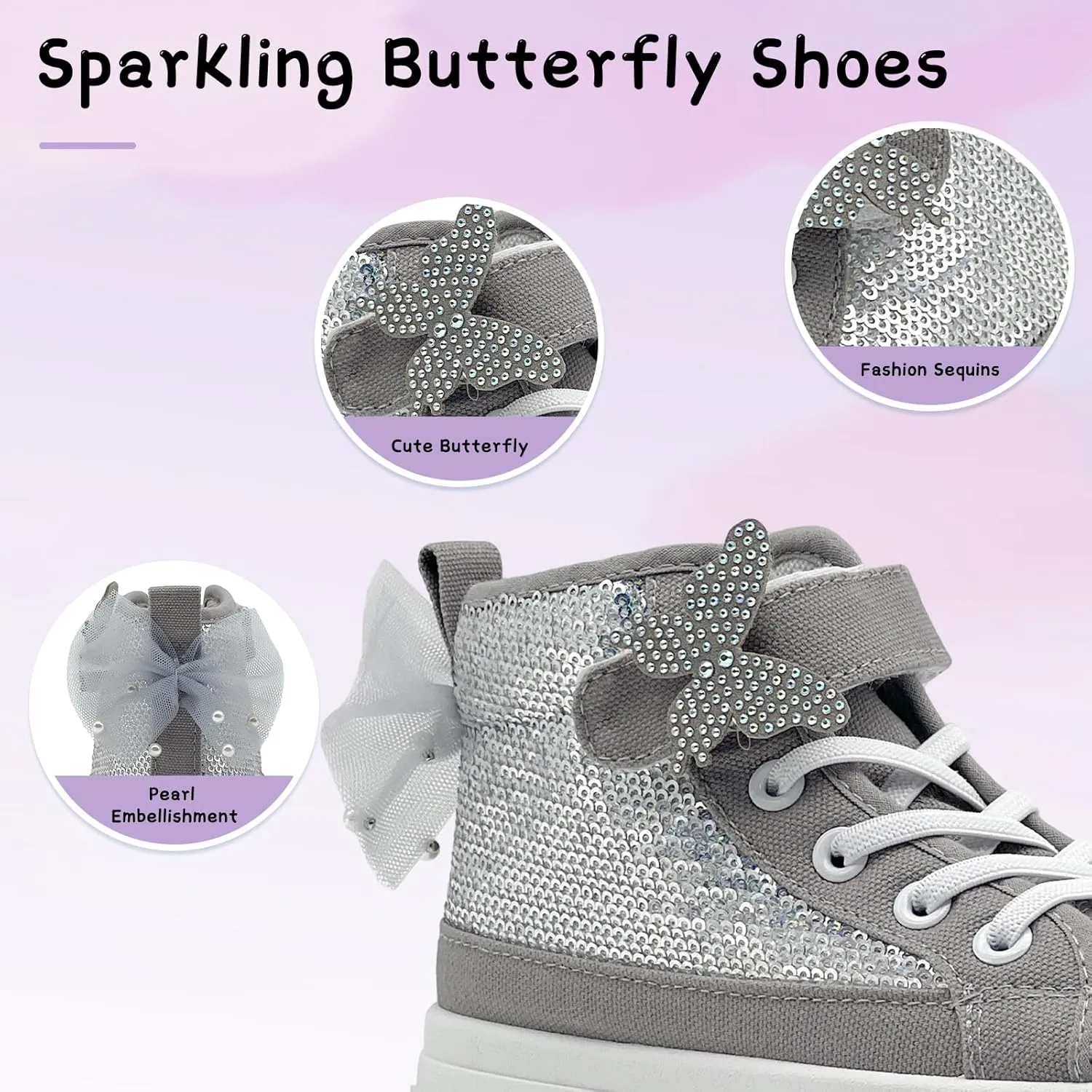 Toddler Sneakers for Girls Boys Fashion Canvas High Tops Butterfly Sequins Shoes Kids Casual Walking Shoes