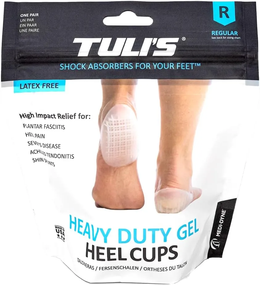 Tuli's Heavy Duty Gel Heel Cups, Cushion Insert for Shock Absorption, Plantar Fasciitis, Sever’s Disease and Heel Pain Relief, Made in USA, Regular, 1 Pair