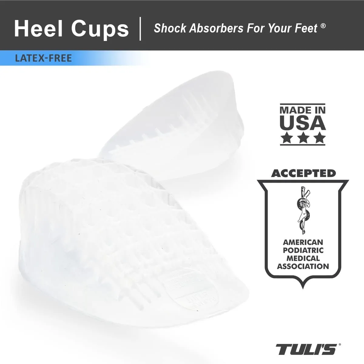 Tuli's Heavy Duty Gel Heel Cups, Cushion Insert for Shock Absorption, Plantar Fasciitis, Sever’s Disease and Heel Pain Relief, Made in USA, Regular, 1 Pair