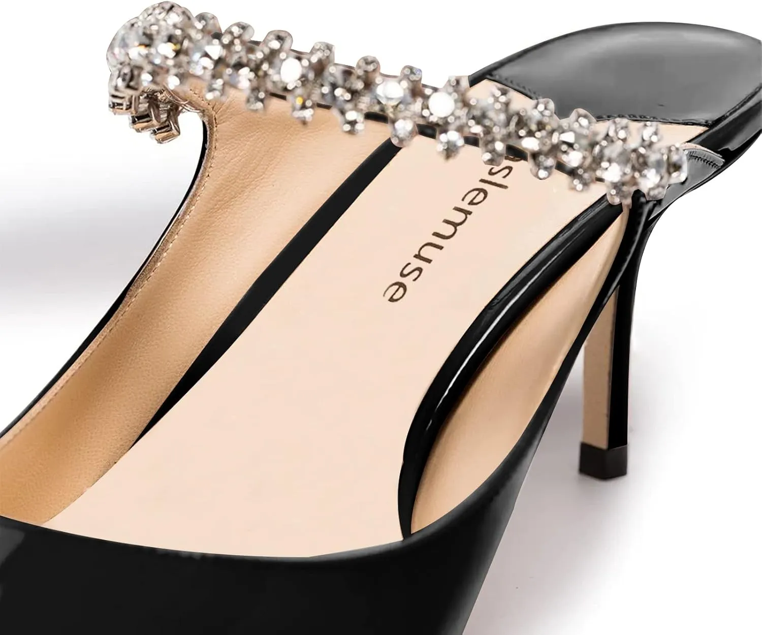 Vaslemuse Women Rhinestone Heeled Mules Pointed Toe Strappy Mule Sandals Stiletto High Heels Slip On Bridal Wedding Pumps for Women
