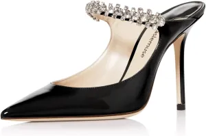 Vaslemuse Women Rhinestone Heeled Mules Pointed Toe Strappy Mule Sandals Stiletto High Heels Slip On Bridal Wedding Pumps for Women