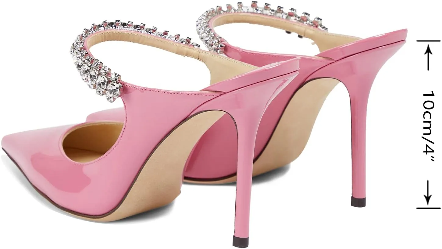 Vaslemuse Women Rhinestone Heeled Mules Pointed Toe Strappy Mule Sandals Stiletto High Heels Slip On Bridal Wedding Pumps for Women