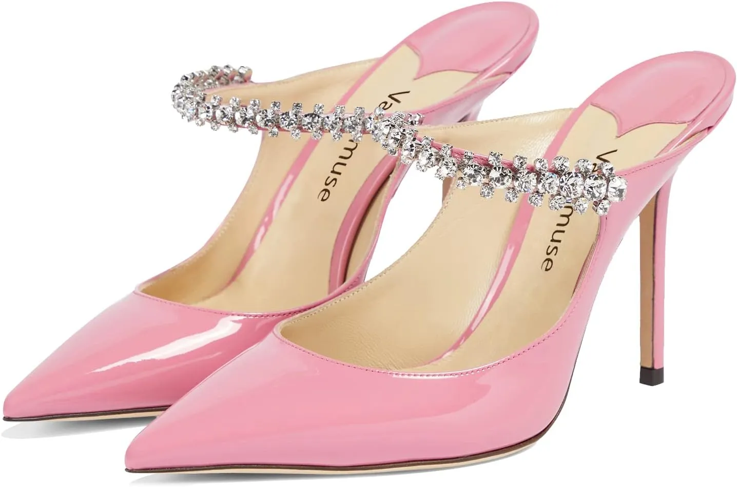 Vaslemuse Women Rhinestone Heeled Mules Pointed Toe Strappy Mule Sandals Stiletto High Heels Slip On Bridal Wedding Pumps for Women