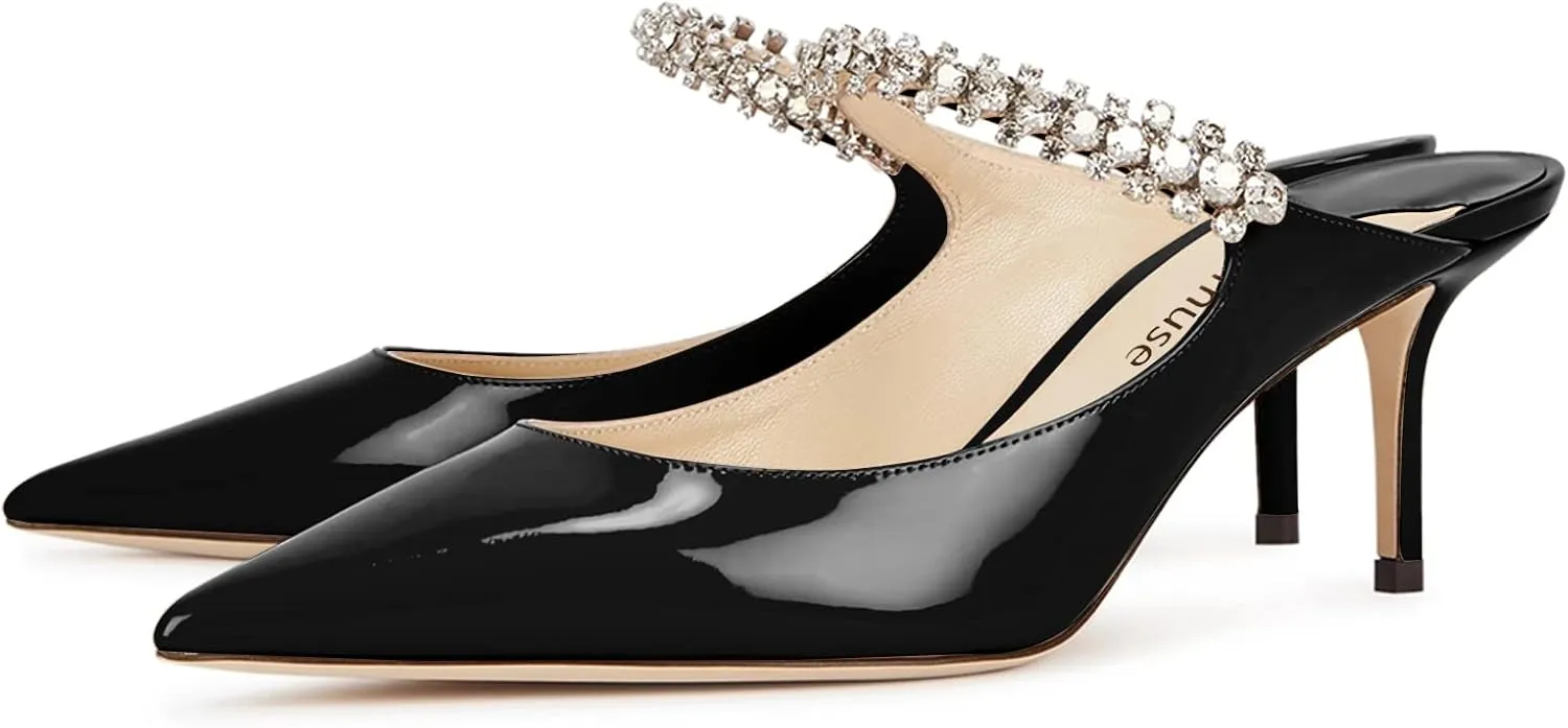Vaslemuse Women Rhinestone Heeled Mules Pointed Toe Strappy Mule Sandals Stiletto High Heels Slip On Bridal Wedding Pumps for Women