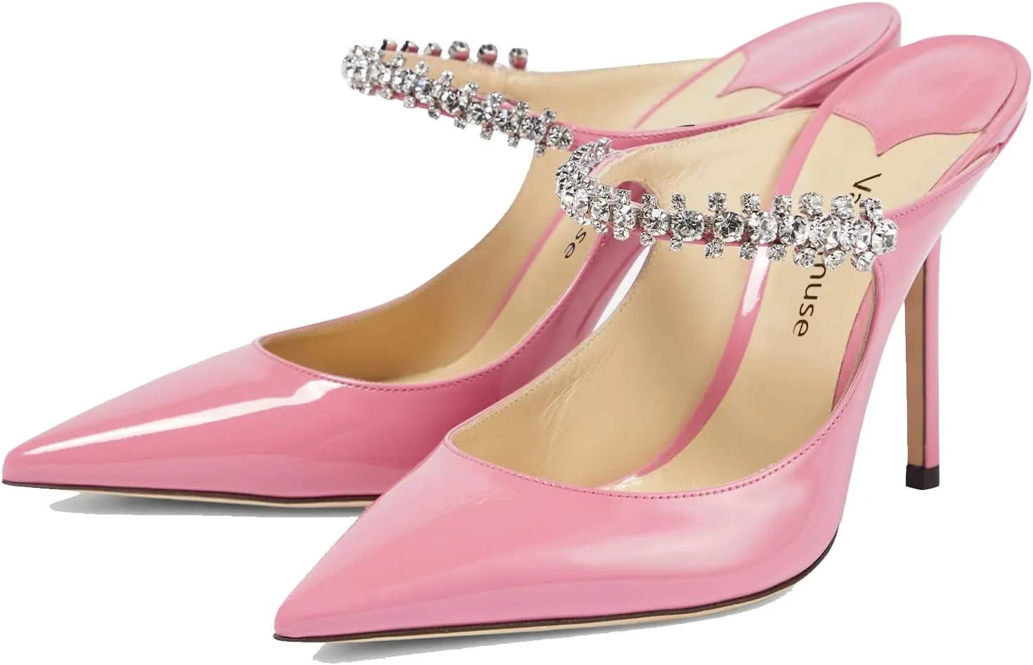 Vaslemuse Women Rhinestone Heeled Mules Pointed Toe Strappy Mule Sandals Stiletto High Heels Slip On Bridal Wedding Pumps for Women
