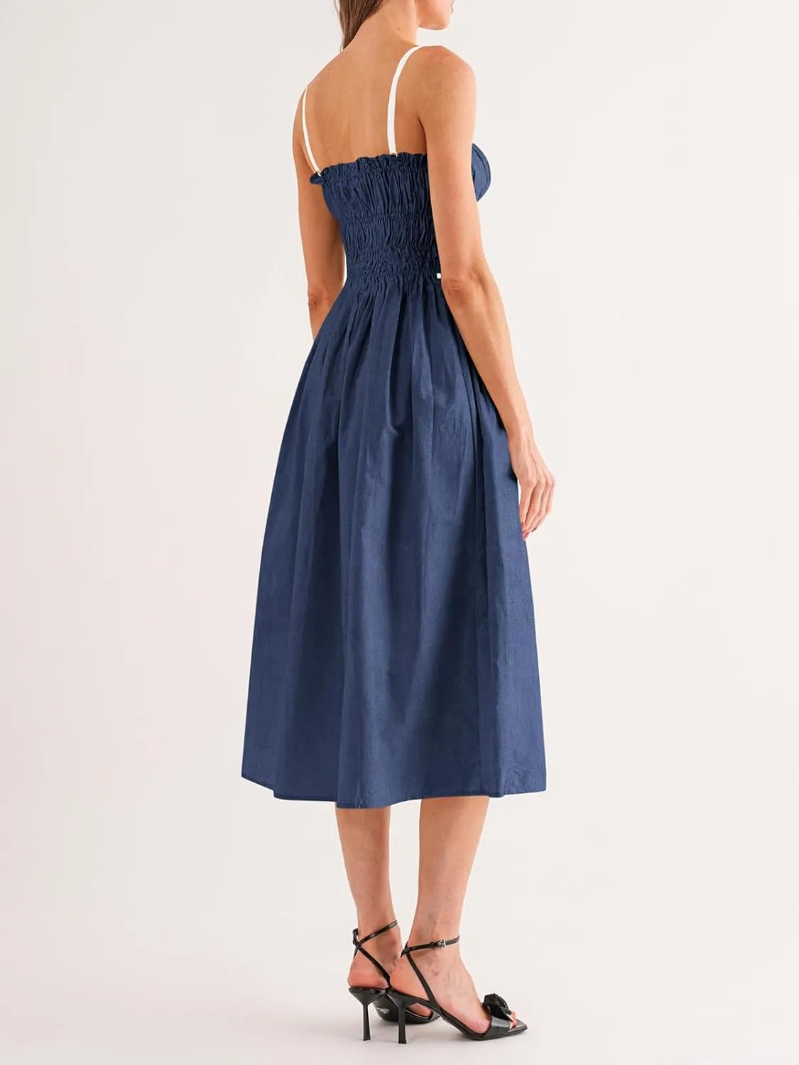 Wenrine Women Summer Spaghetti Strap Dress Sleeveless Tie Smocked Sundress A Line Vacation Beach Midi Dresses