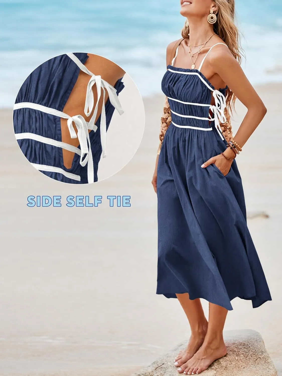 Wenrine Women Summer Spaghetti Strap Dress Sleeveless Tie Smocked Sundress A Line Vacation Beach Midi Dresses