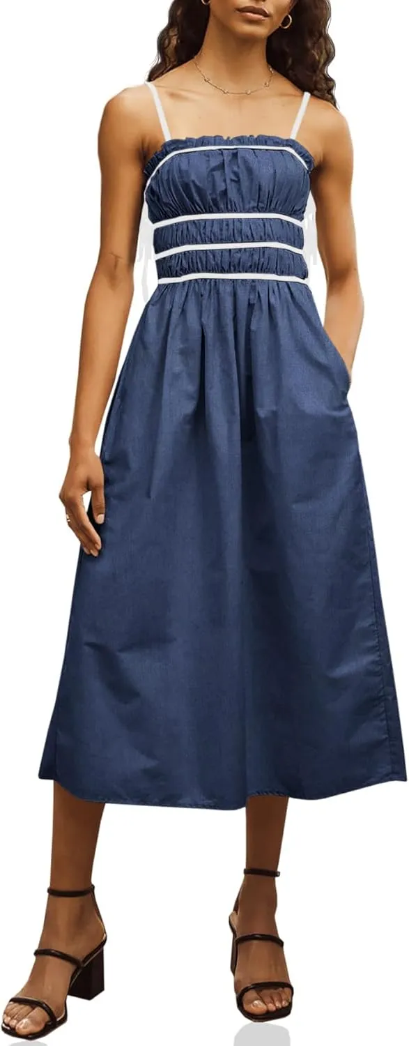 Wenrine Women Summer Spaghetti Strap Dress Sleeveless Tie Smocked Sundress A Line Vacation Beach Midi Dresses