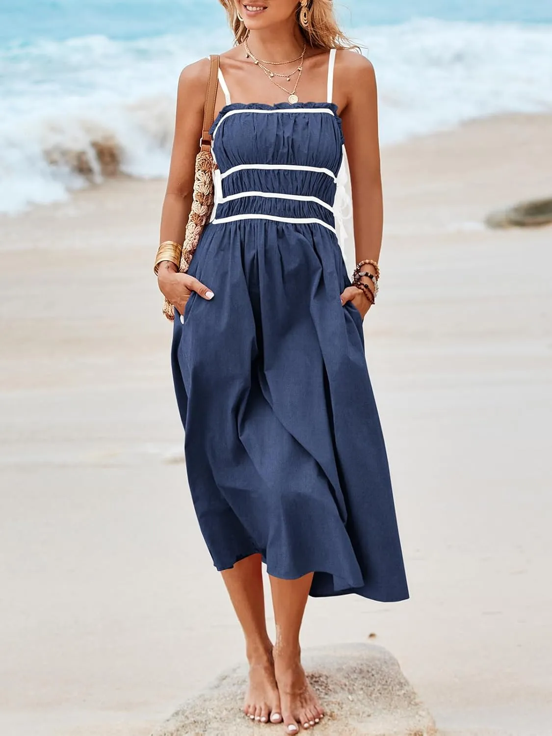 Wenrine Women Summer Spaghetti Strap Dress Sleeveless Tie Smocked Sundress A Line Vacation Beach Midi Dresses