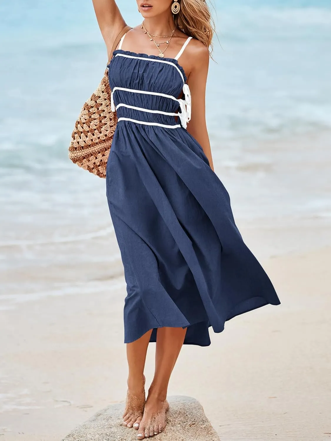 Wenrine Women Summer Spaghetti Strap Dress Sleeveless Tie Smocked Sundress A Line Vacation Beach Midi Dresses