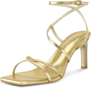 wetkiss Rude Heels for Women Strappy Heels Womens Heeled Sandals Ankle Strap Heel Nude High Heel Sandals Square Toe Open Toe Stiletto Summer Comfortable Prom Dressy Shoes