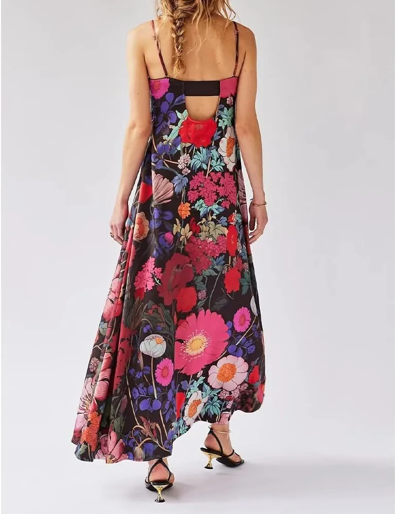 Women Boho Floral Maxi Dress Backless Spaghetti Strap A-Line Flowy Summer Vacation Long Dress