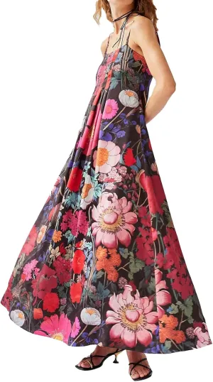 Women Boho Floral Maxi Dress Backless Spaghetti Strap A-Line Flowy Summer Vacation Long Dress