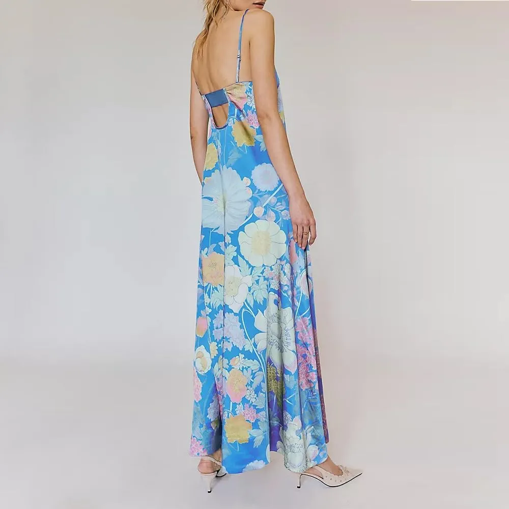 Women Boho Floral Maxi Dress Backless Spaghetti Strap A-Line Flowy Summer Vacation Long Dress