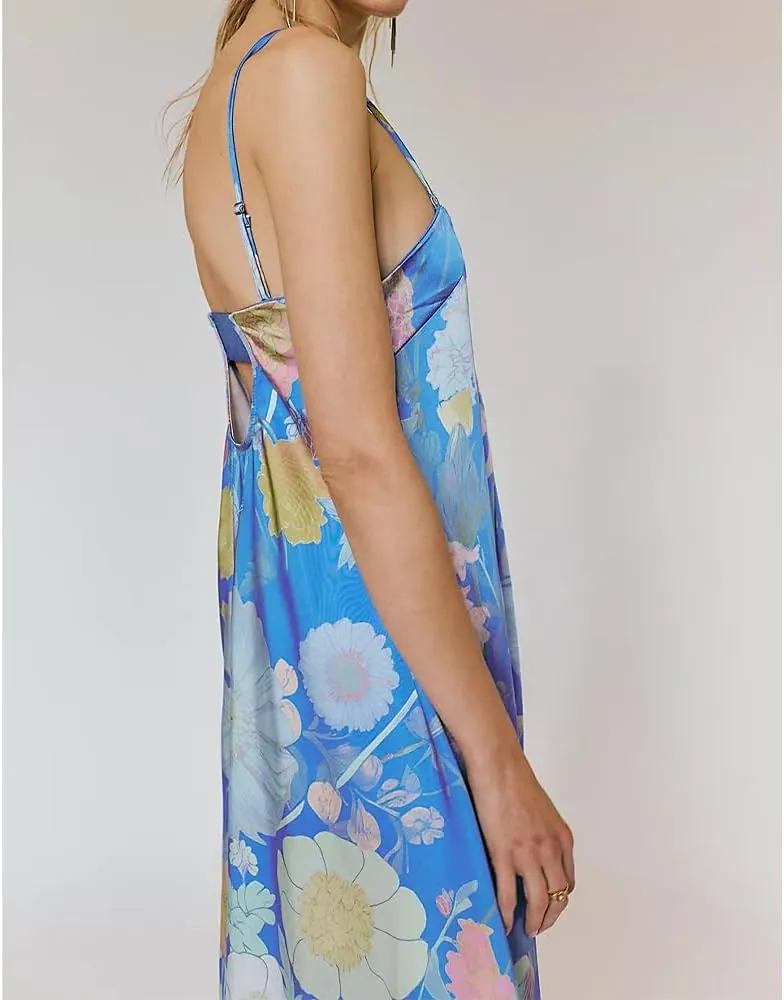 Women Boho Floral Maxi Dress Backless Spaghetti Strap A-Line Flowy Summer Vacation Long Dress