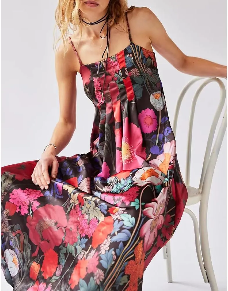 Women Boho Floral Maxi Dress Backless Spaghetti Strap A-Line Flowy Summer Vacation Long Dress