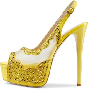 Women Stiletto High Platform Heel Peep Open Toe Sandals Ankle Strap Slingback Buckle Diamond Crystal Lace Wedding Party Sexy Dress Shoes