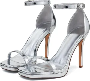 Women Strappy High Heeled Sandals,4.3-Inch Stiletto Open Square Toe Heels with Ankle Strap at Wedding Bride Prom Date Work Church Dressy
