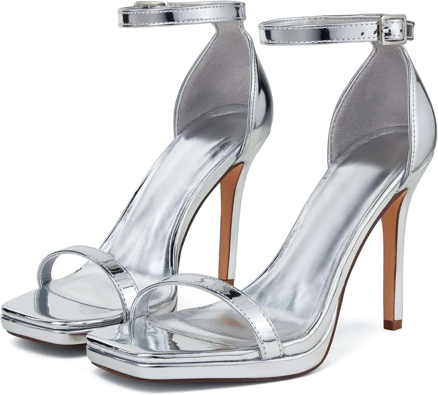 Women Strappy High Heeled Sandals,4.3-Inch Stiletto Open Square Toe Heels with Ankle Strap at Wedding Bride Prom Date Work Church Dressy