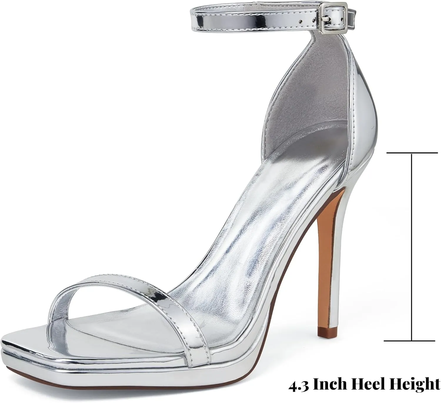 Women Strappy High Heeled Sandals,4.3-Inch Stiletto Open Square Toe Heels with Ankle Strap at Wedding Bride Prom Date Work Church Dressy