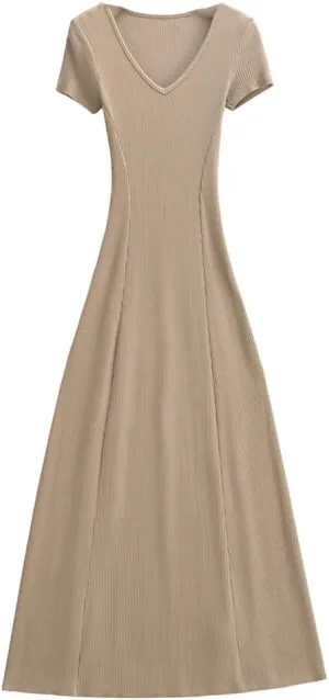 Women V Neck Short Sleeve Solid Knitted Dress Skinny Slim Fit Waist A-Lined Swing Long Dresses Robe