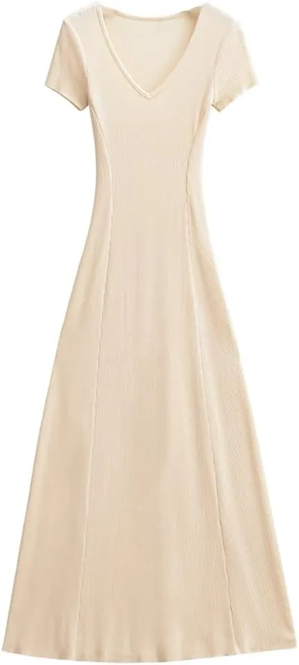 Women V Neck Short Sleeve Solid Knitted Dress Skinny Slim Fit Waist A-Lined Swing Long Dresses Robe