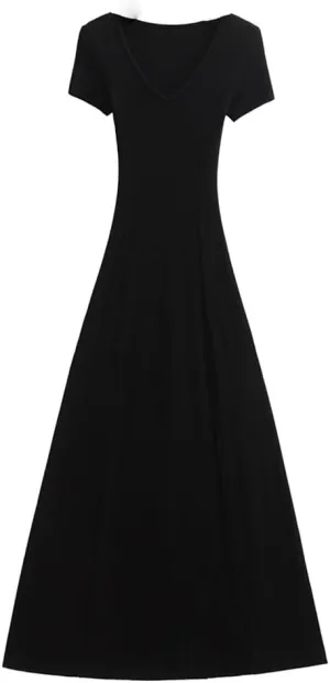 Women V Neck Short Sleeve Solid Knitted Dress Skinny Slim Fit Waist A-Lined Swing Long Dresses Robe
