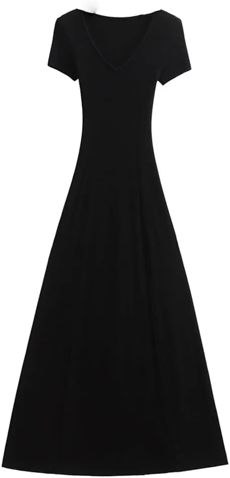 Women V Neck Short Sleeve Solid Knitted Dress Skinny Slim Fit Waist A-Lined Swing Long Dresses Robe
