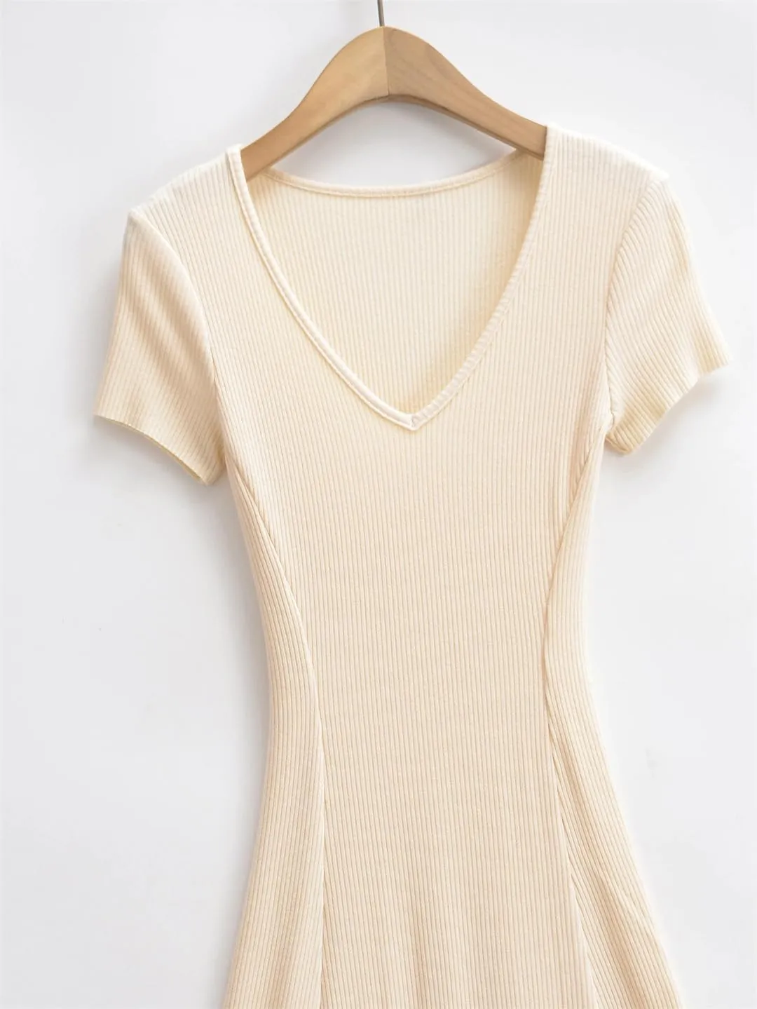 Women V Neck Short Sleeve Solid Knitted Dress Skinny Slim Fit Waist A-Lined Swing Long Dresses Robe