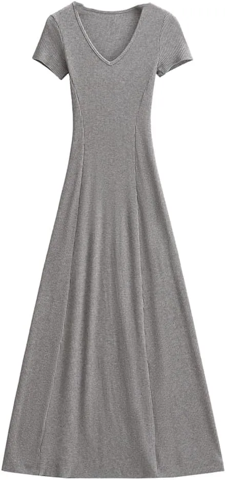 Women V Neck Short Sleeve Solid Knitted Dress Skinny Slim Fit Waist A-Lined Swing Long Dresses Robe
