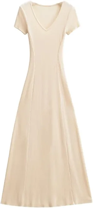 Women V Neck Short Sleeve Solid Knitted Dress Skinny Slim Fit Waist A-Lined Swing Long Dresses Robe