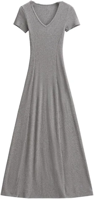 Women V Neck Short Sleeve Solid Knitted Dress Skinny Slim Fit Waist A-Lined Swing Long Dresses Robe