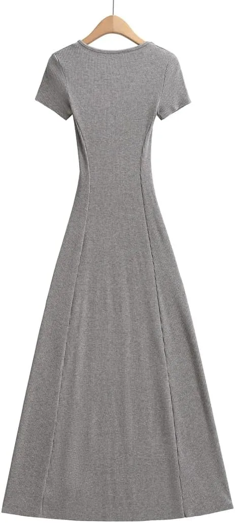Women V Neck Short Sleeve Solid Knitted Dress Skinny Slim Fit Waist A-Lined Swing Long Dresses Robe