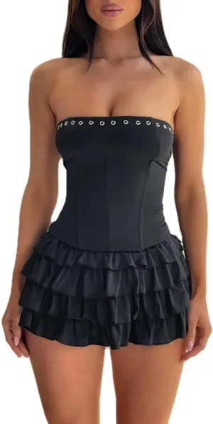 Women Vintage Corset Top Mini Dress Sexy Strapless Lace Up Back Tube Top Multi Layered Ruffle Short Dress Party