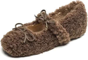 Women Winter Furry Mary Jane Shoes Warm Artificial Lamb Wool Flats Ankle Strap Ladies Indoor and Outdoor Dress Office Bedroom Casual Shoes