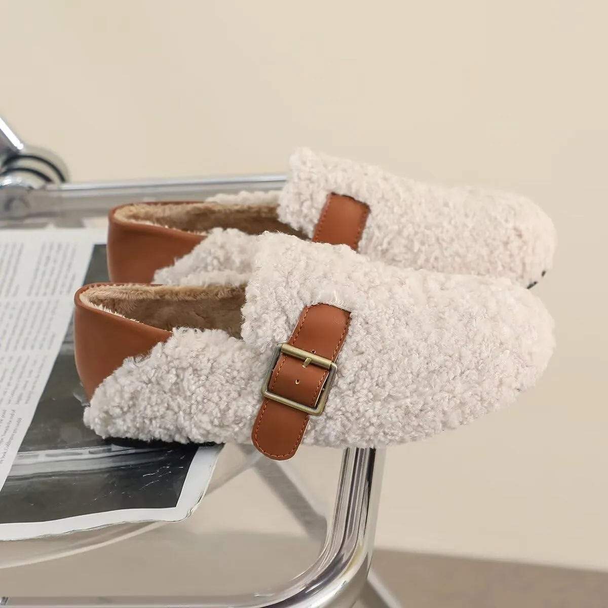 Women Winter Furry Mary Jane Shoes Warm Artificial Lamb Wool Flats Ankle Strap Ladies Indoor and Outdoor Dress Office Bedroom Casual Shoes