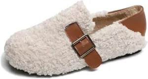 Women Winter Furry Mary Jane Shoes Warm Artificial Lamb Wool Flats Ankle Strap Ladies Indoor and Outdoor Dress Office Bedroom Casual Shoes