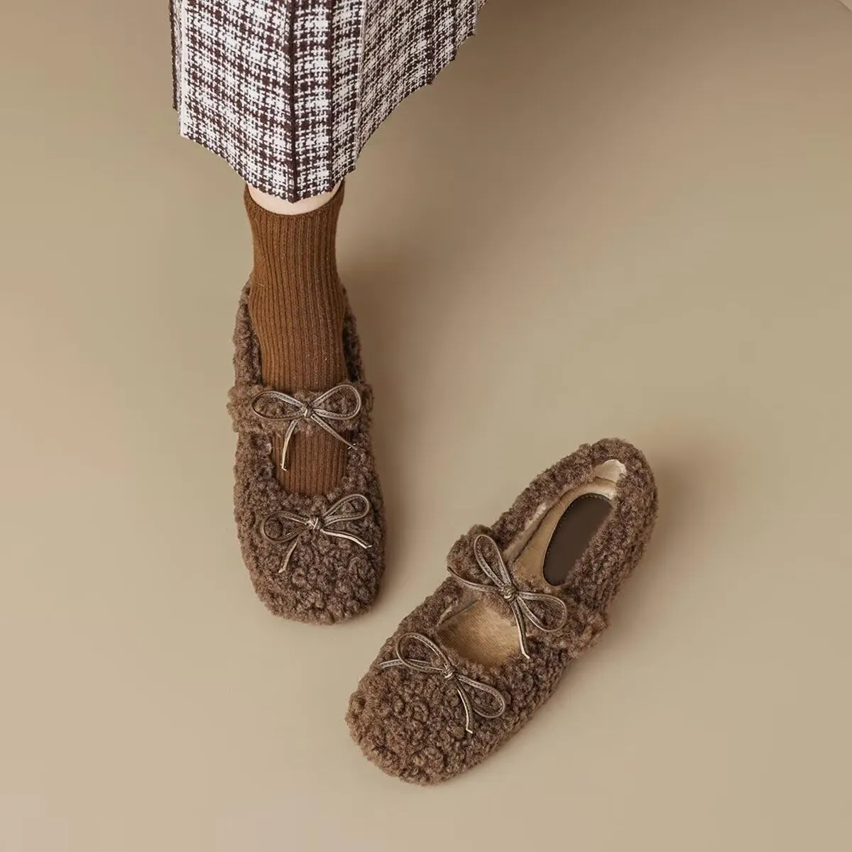 Women Winter Furry Mary Jane Shoes Warm Artificial Lamb Wool Flats Ankle Strap Ladies Indoor and Outdoor Dress Office Bedroom Casual Shoes