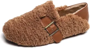 Women Winter Furry Mary Jane Shoes Warm Artificial Lamb Wool Flats Ankle Strap Ladies Indoor and Outdoor Dress Office Bedroom Casual Shoes