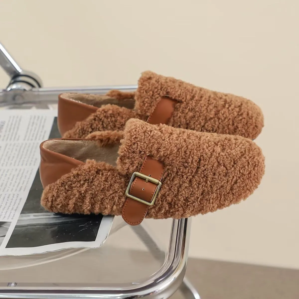 Women Winter Furry Mary Jane Shoes Warm Artificial Lamb Wool Flats Ankle Strap Ladies Indoor and Outdoor Dress Office Bedroom Casual Shoes
