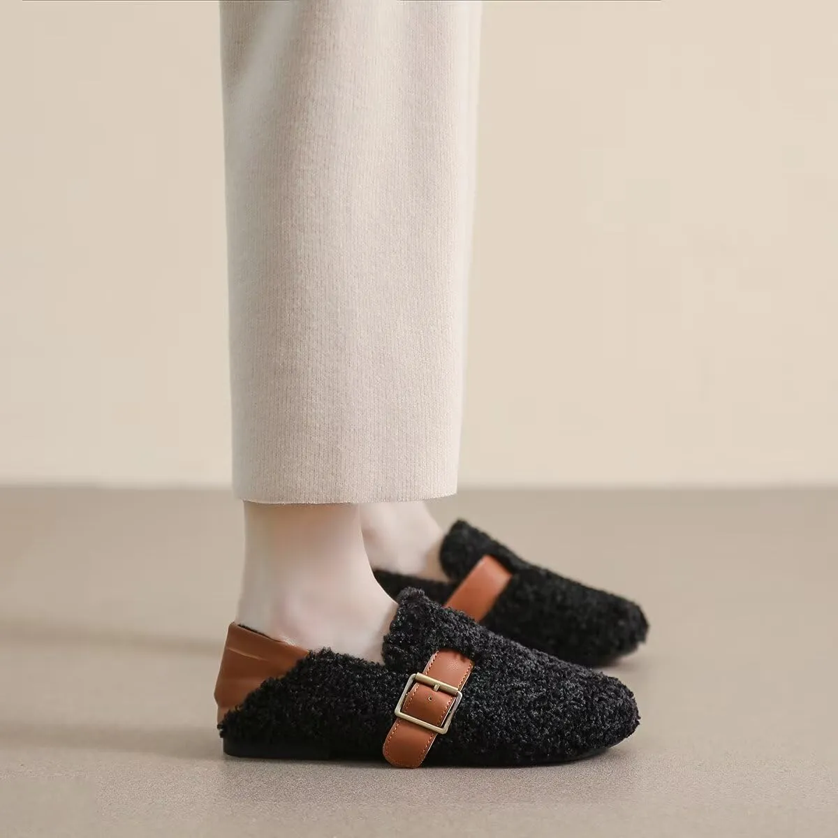Women Winter Furry Mary Jane Shoes Warm Artificial Lamb Wool Flats Ankle Strap Ladies Indoor and Outdoor Dress Office Bedroom Casual Shoes