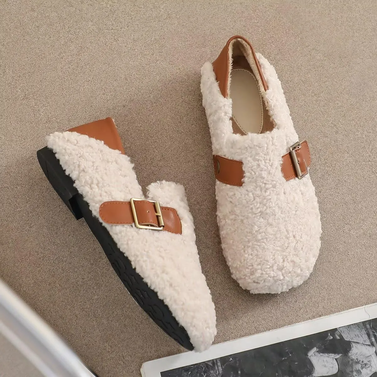 Women Winter Furry Mary Jane Shoes Warm Artificial Lamb Wool Flats Ankle Strap Ladies Indoor and Outdoor Dress Office Bedroom Casual Shoes