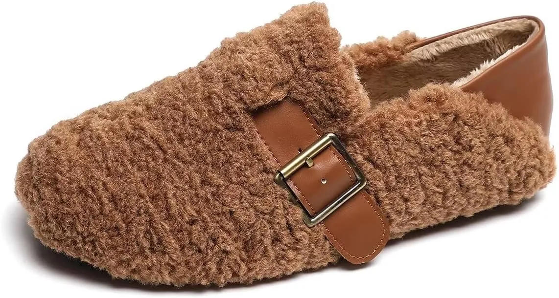 Women Winter Furry Mary Jane Shoes Warm Artificial Lamb Wool Flats Ankle Strap Ladies Indoor and Outdoor Dress Office Bedroom Casual Shoes
